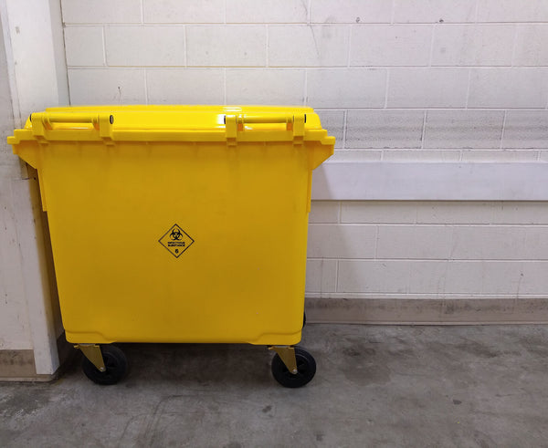 What are yellow bins used for in hospitals?