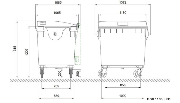 Green 1100 Litre Wheelie Bins